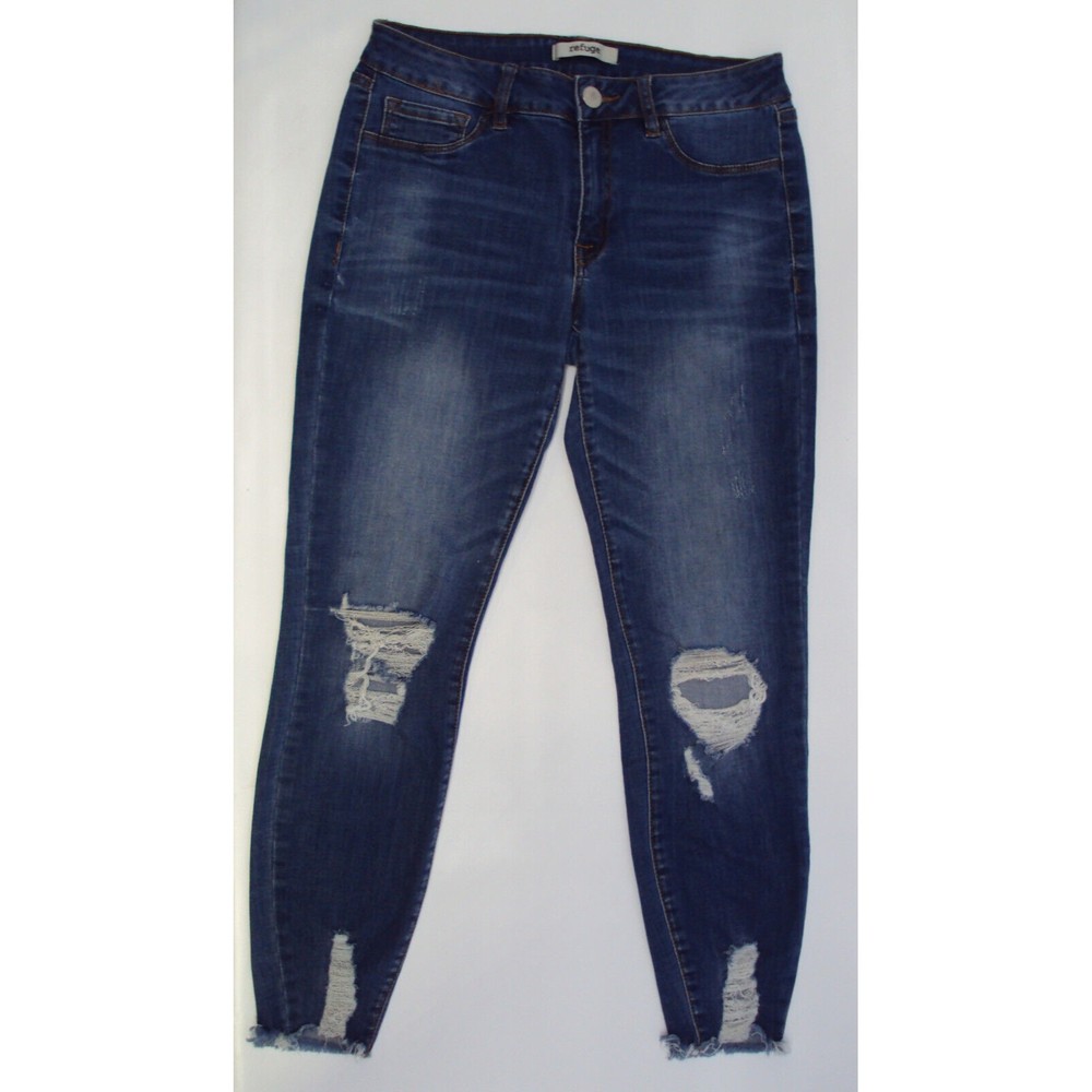 REFUGE Skinny Jeans / jegging Womens Sz 8 Mid Rise Distressed Stretch Dark Blue